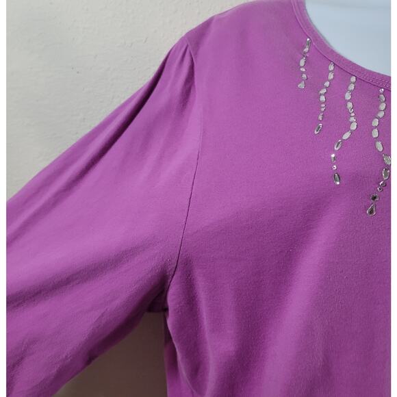 Liz & Me Purple Rhinestone Round Neck Top 14W 16W Plus Lightweight Soft Stretch - Picture 2 of 4